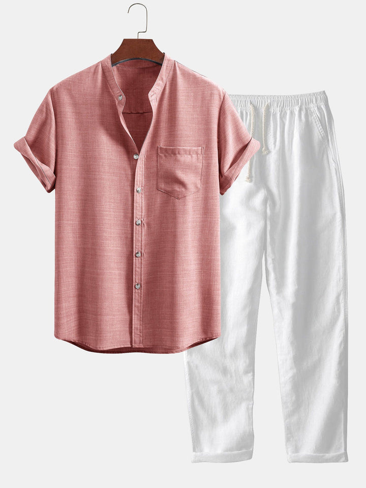 Maison Bonneterie™ | Short Sleeve Stand Collar Shirt & Straight Leg Linen Pants
