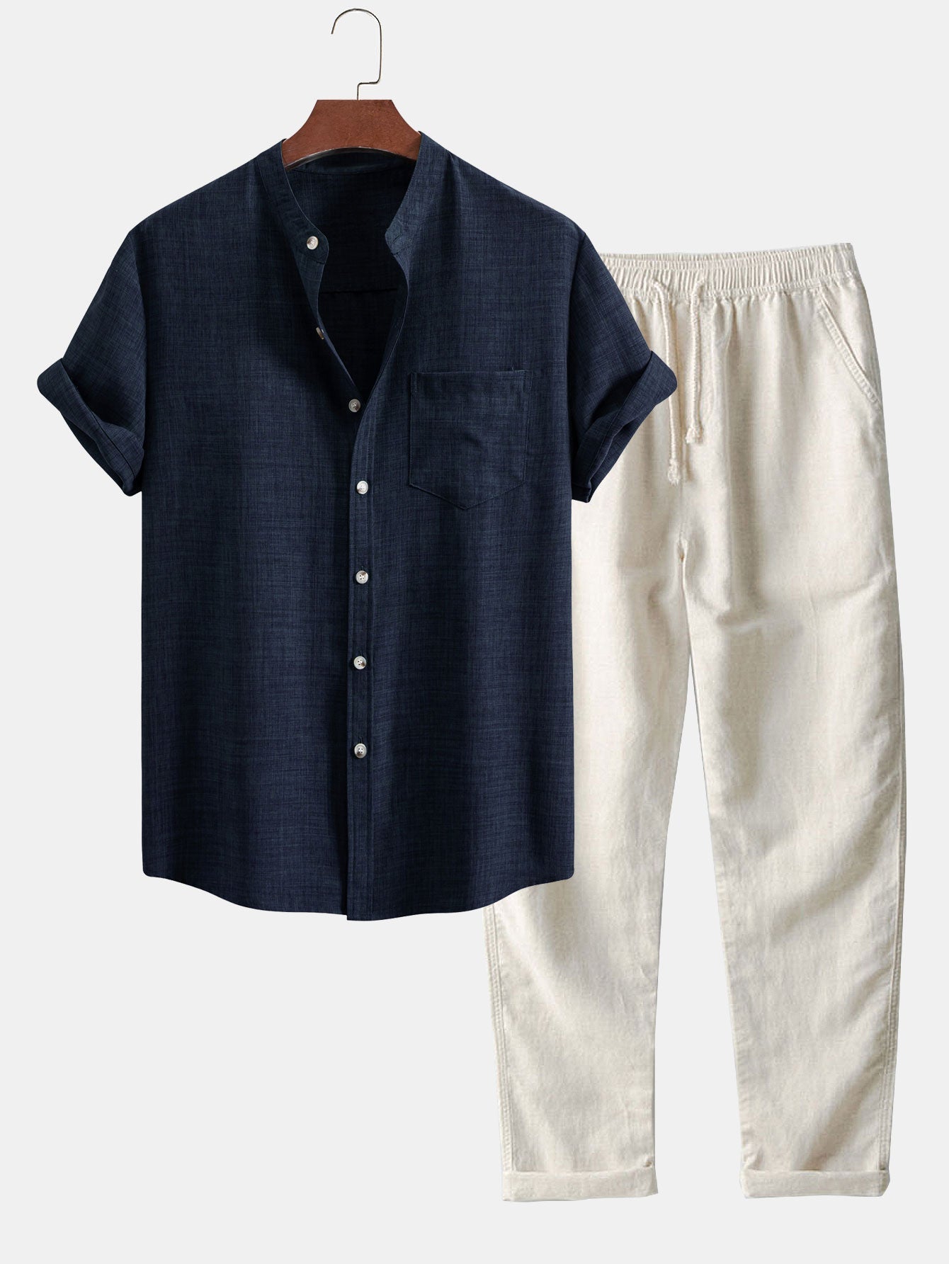 Maison Bonneterie™ | Short Sleeve Stand Collar Shirt & Straight Leg Linen Pants