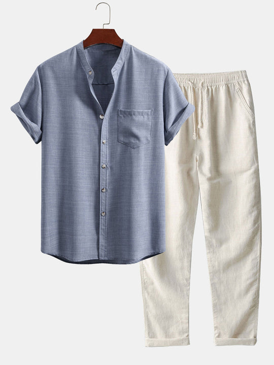 Maison Bonneterie™ | Short Sleeve Stand Collar Shirt & Straight Leg Linen Pants