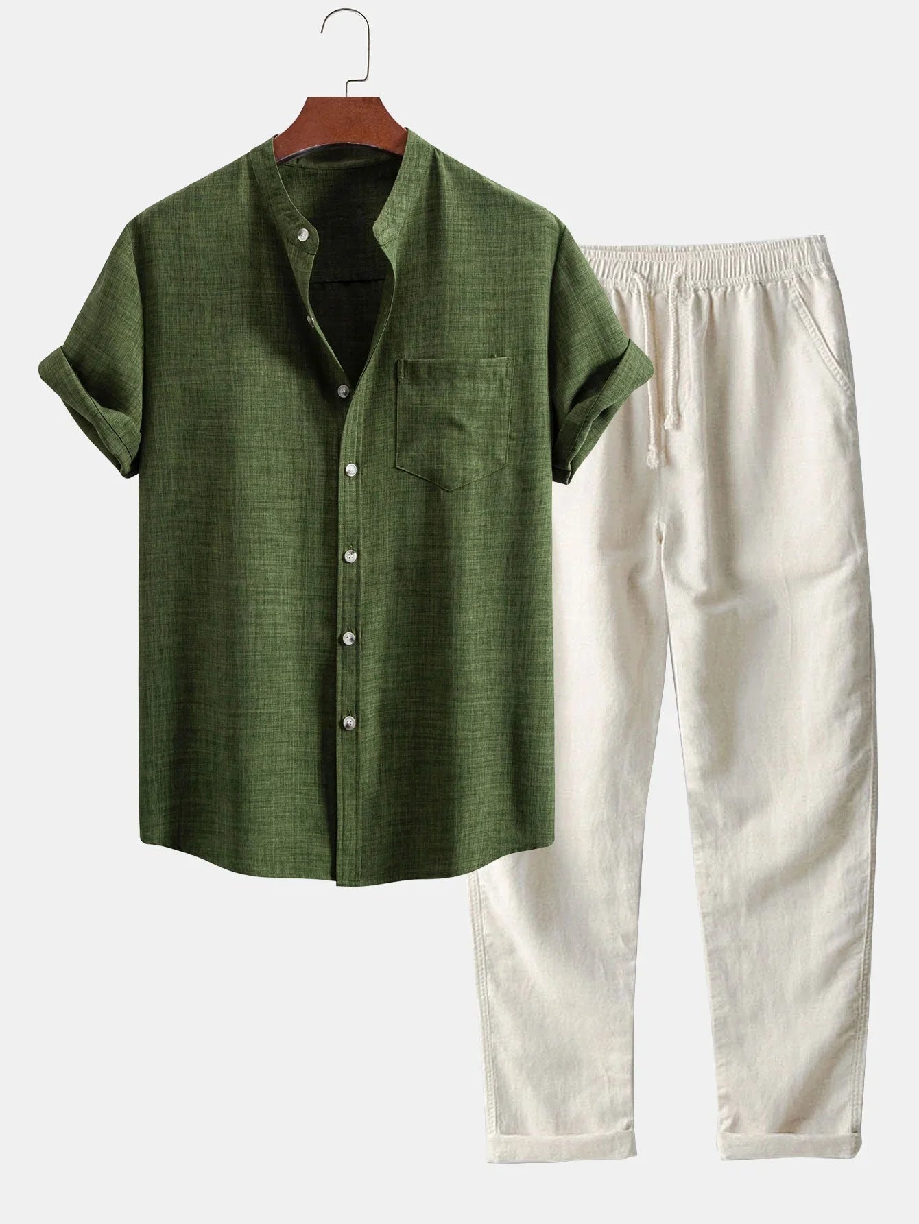 Maison Bonneterie™ | Short Sleeve Stand Collar Shirt & Straight Leg Linen Pants
