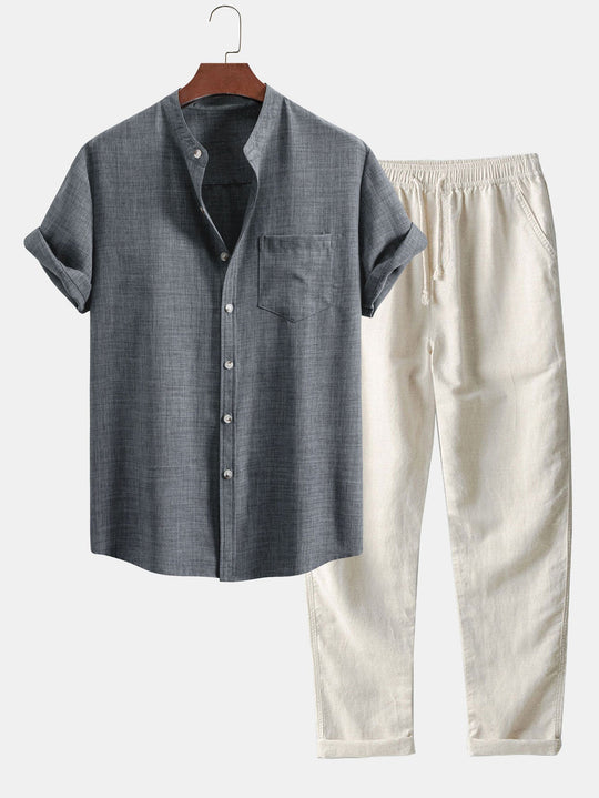 Maison Bonneterie™ | Short Sleeve Stand Collar Shirt & Straight Leg Linen Pants